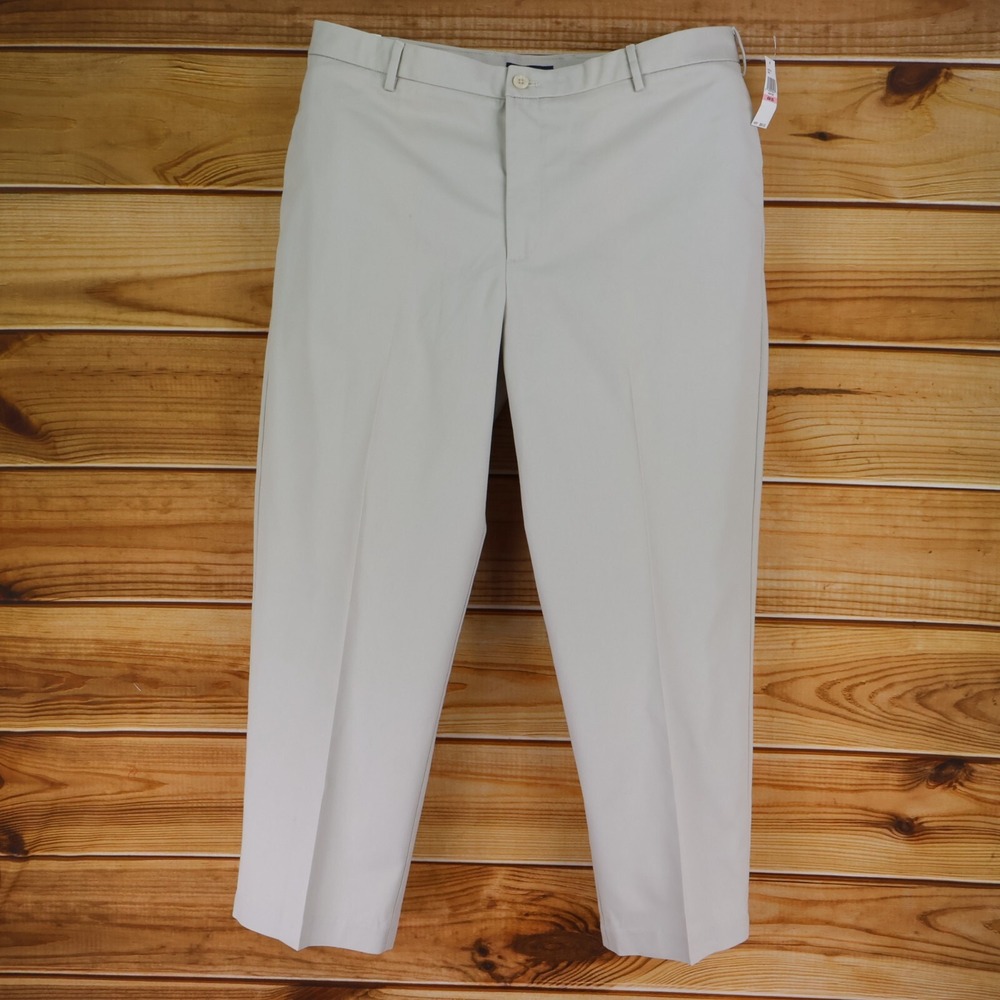 IZOD Khaki Pants No Iron Flat Front Madison Chino Mens 40x30 Beige Sport Flex